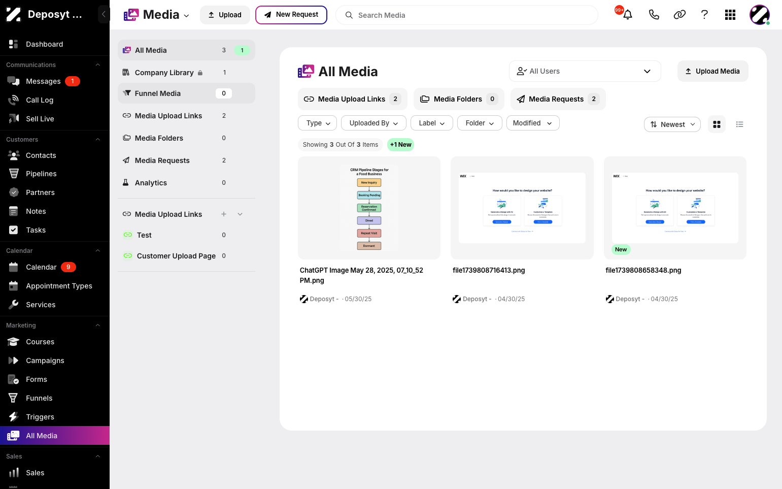 Step 2: You will then be taken to the All Media page. Click the Funnel Media button in the side menu to open the section and access your uploaded media.