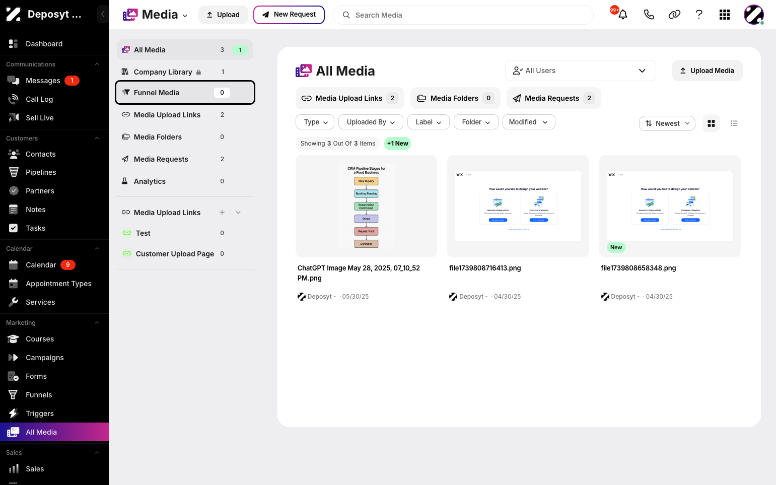 Step 2: You will then be taken to the All Media page. Click the Funnel Media button in the side menu to open the section and access your uploaded media.