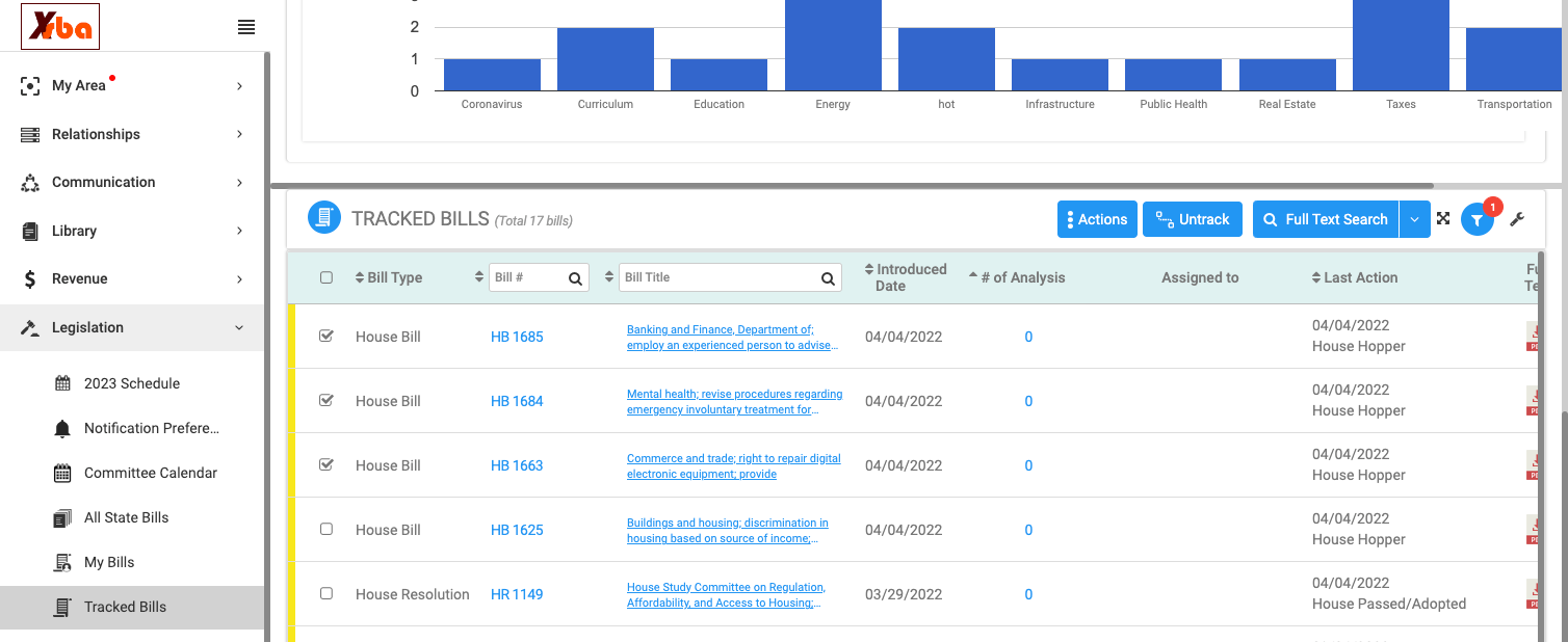 Scroll down to the list of tracked bills beneath the 'Tracked Bills: Summary' graphics and click the check box next to all of the desired bills