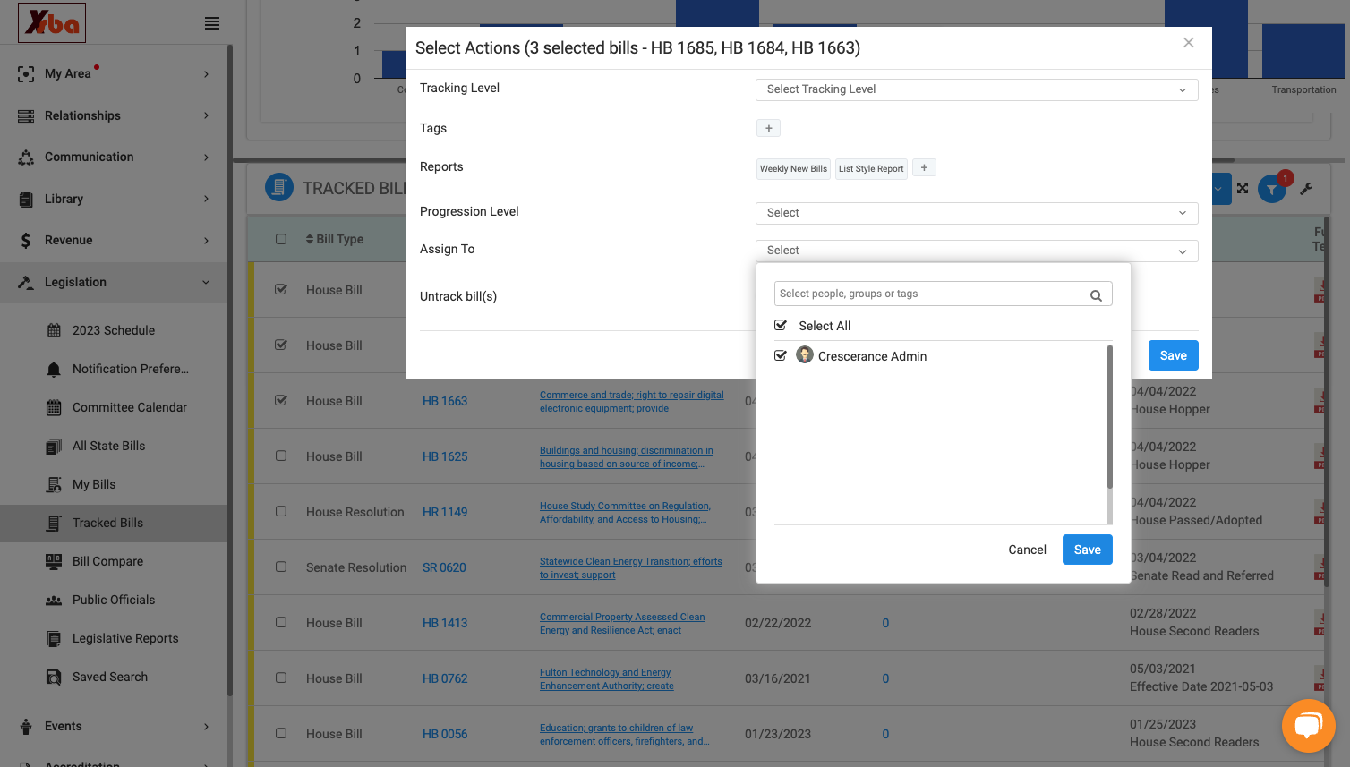 Select all desired users and/or groups and then click 'Save' to save the selected bill assignees