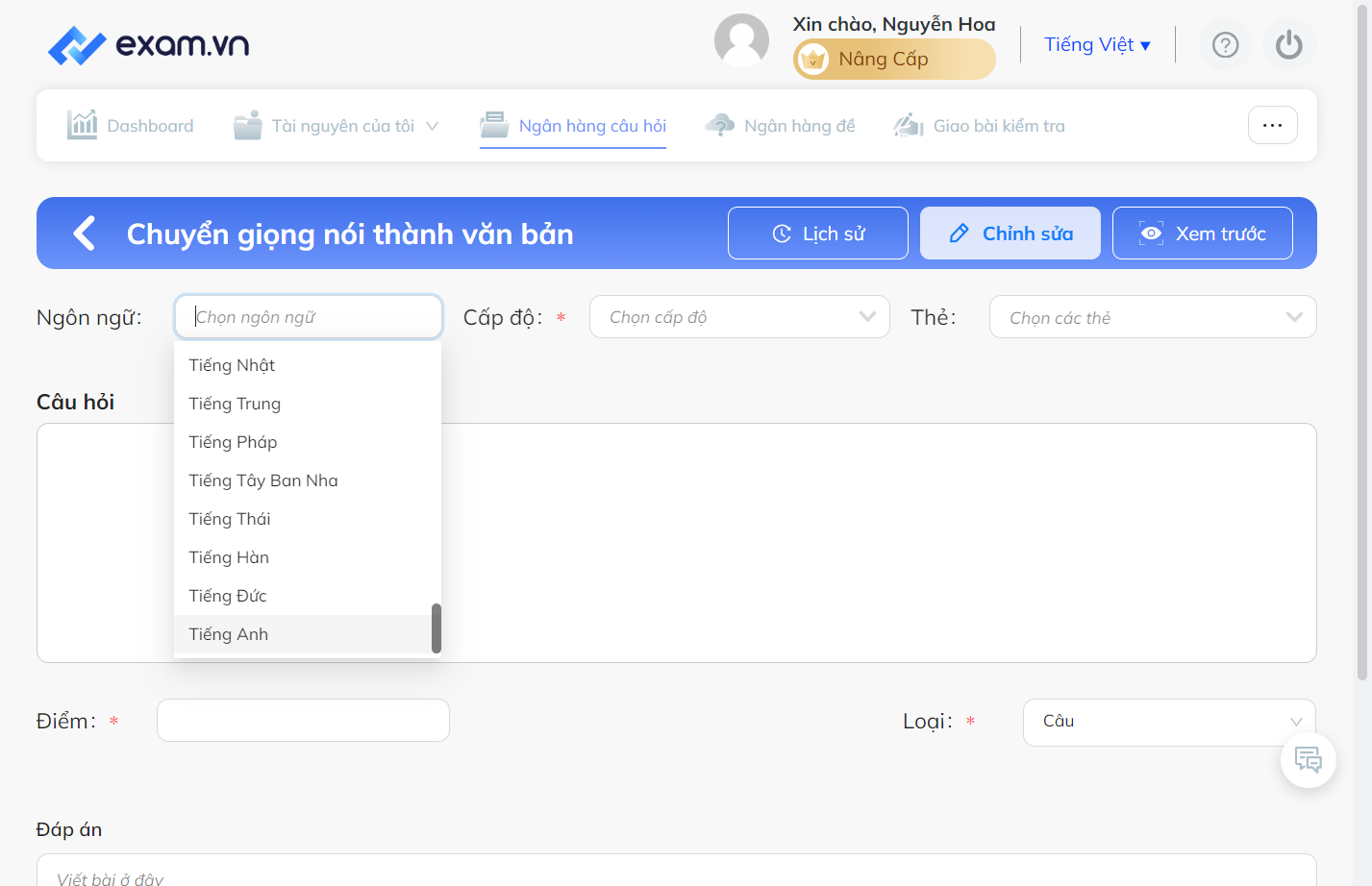Sau đó chọn ngôn ngữ có trong danh sách
