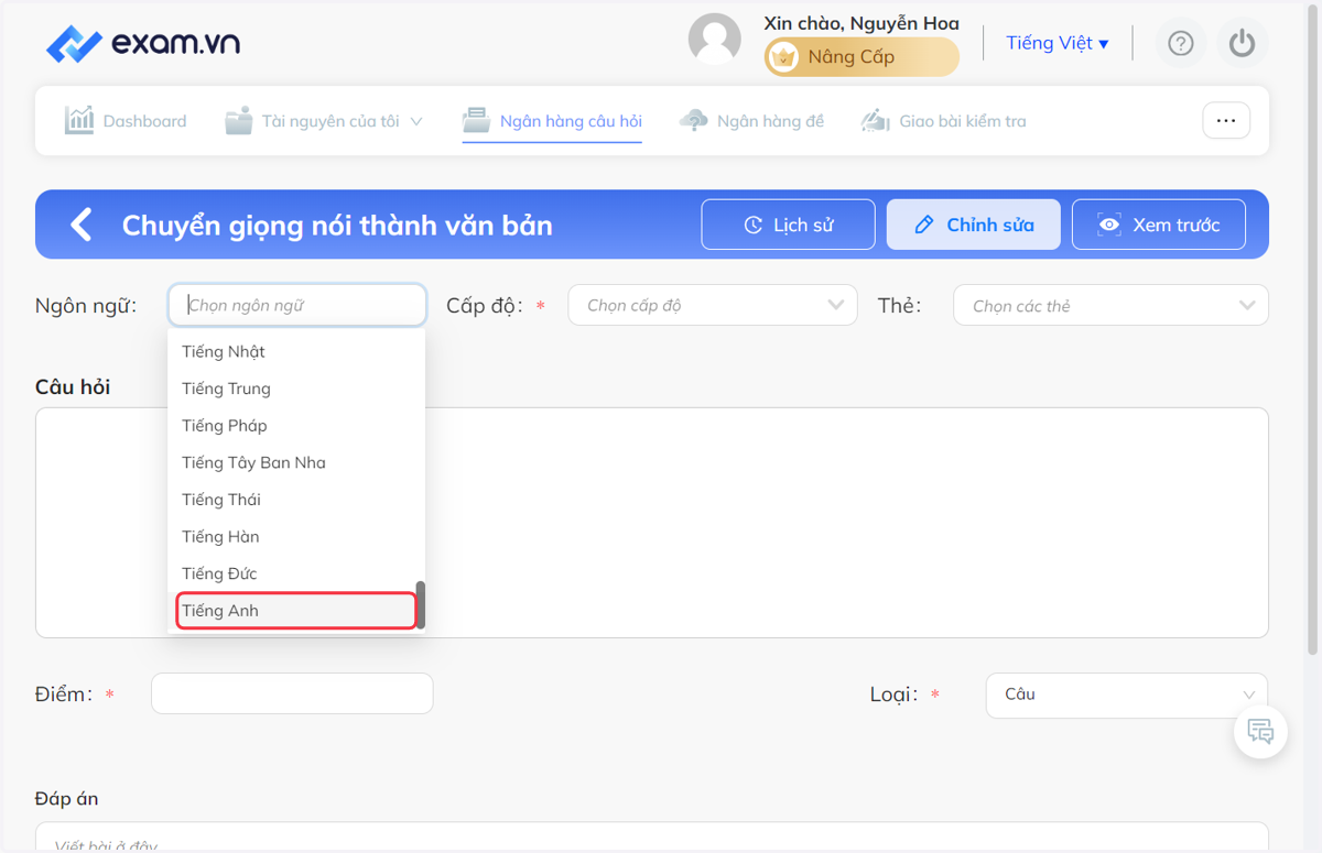Sau đó chọn ngôn ngữ có trong danh sách
