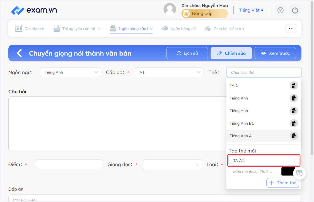 Tại chỗ "Tạo thẻ mới" nhập tên thẻ