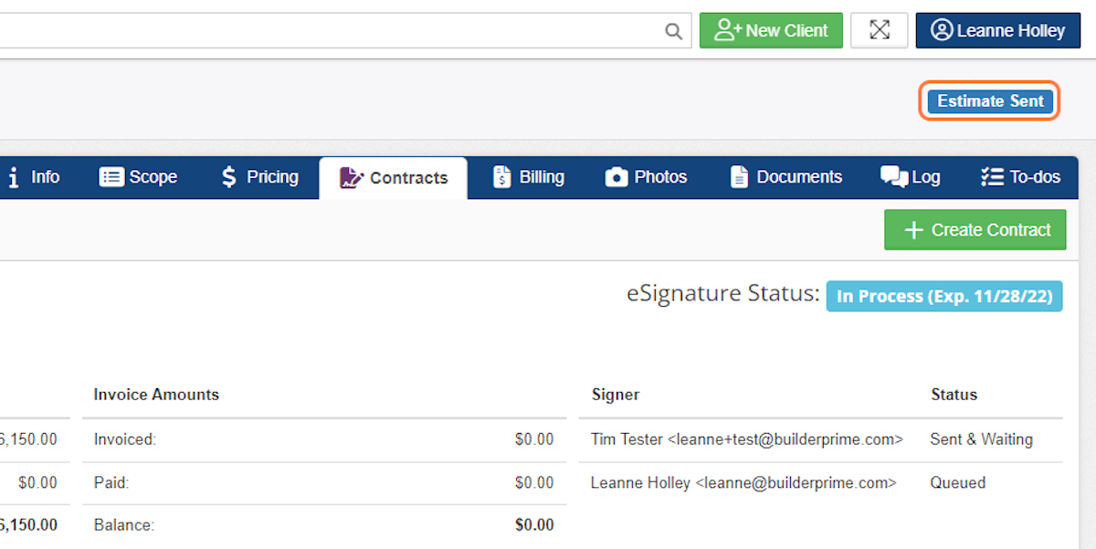 Once sent for eSignature, the project status will update to "Estimate Sent" 