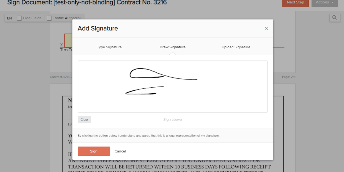 The customer can choose to use a pre-made signature, or draw their own 