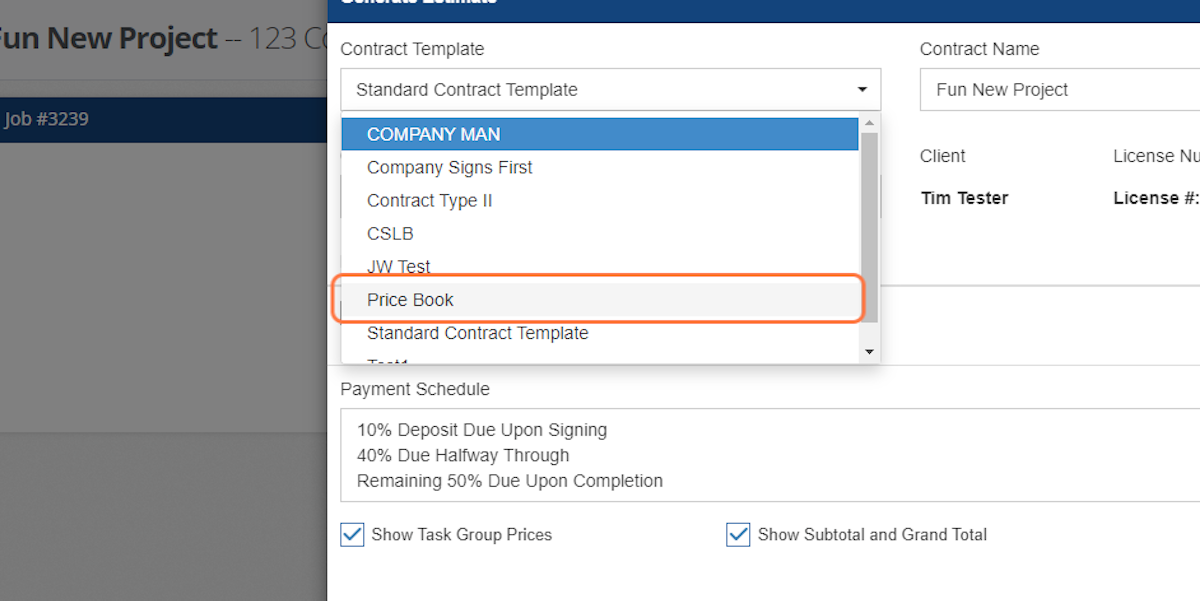 Choose the contract template needed if different from your default contract 