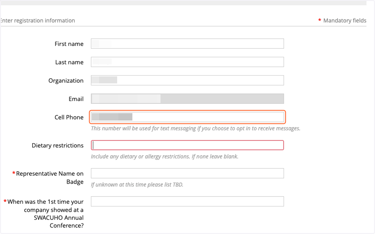 Type representative's cell phone number