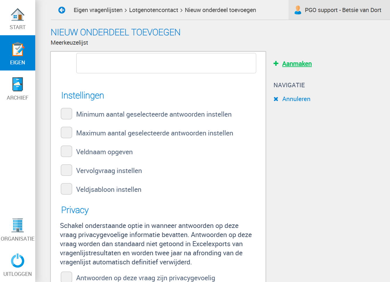 Klik op Aanmaken om de vraag toe te voegen.