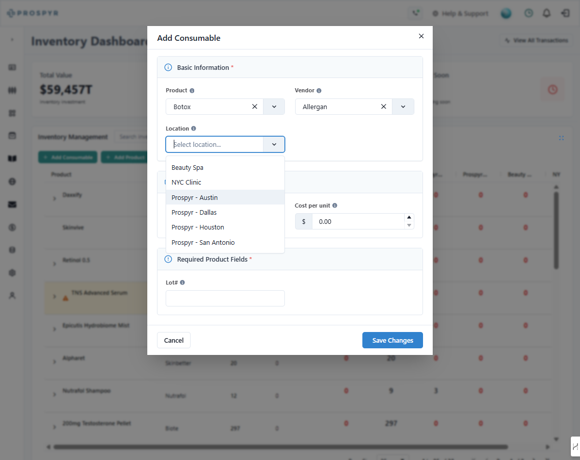 A. Click on Select location... B. Select the location at which the inventory consumable will be available