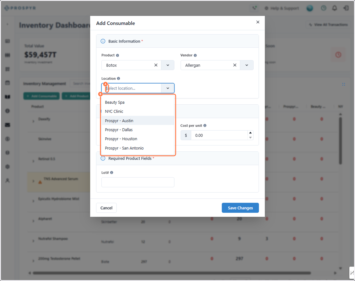 A. Click on Select location... B. Select the location at which the inventory consumable will be available