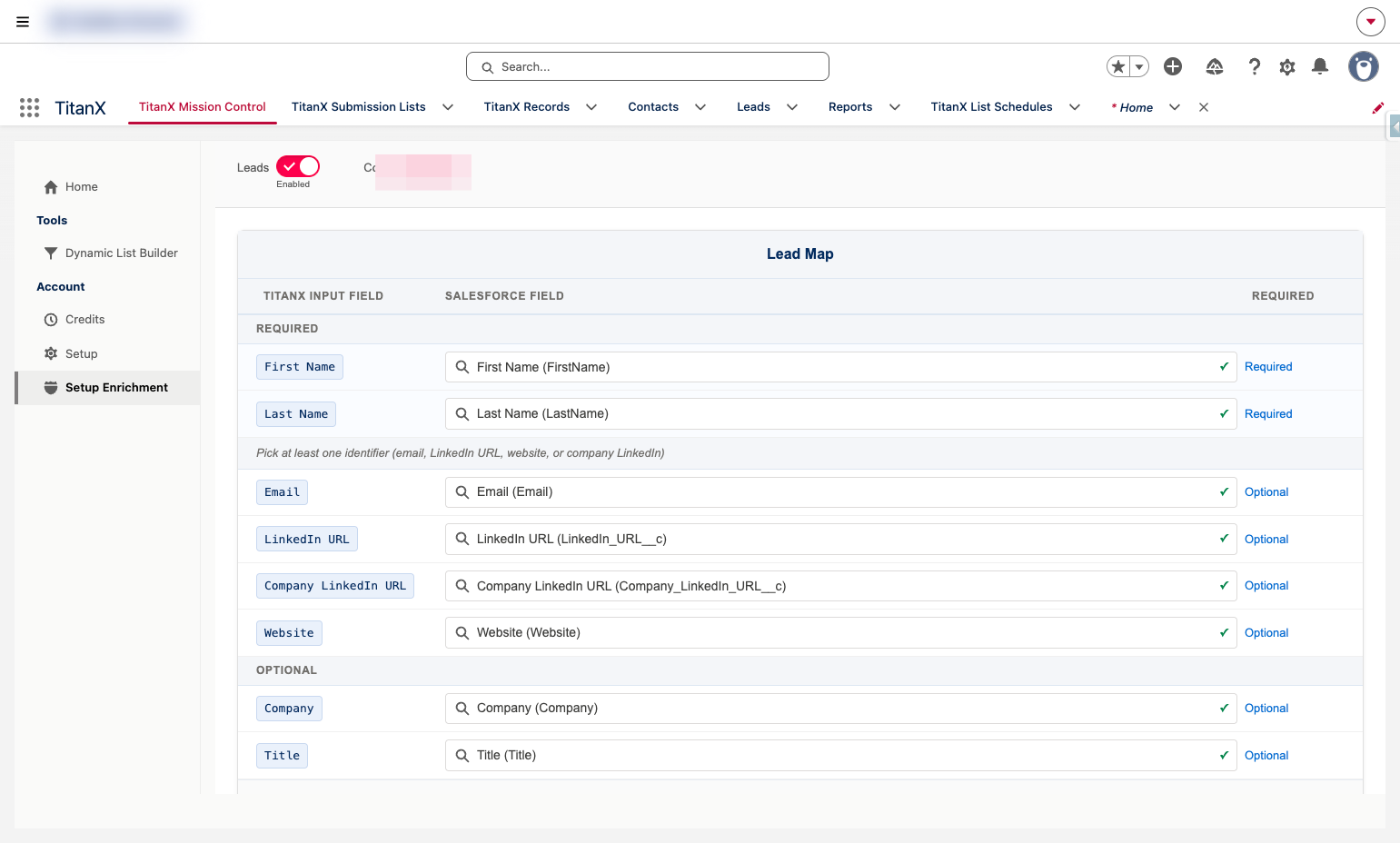 A. Complete the required fields on the lead mapping B. First and Last name are both required C. Map at least one identifier (email, LinkedIn URL, website, or company LinkedIn) D. Additional Optional fields can be mapped.