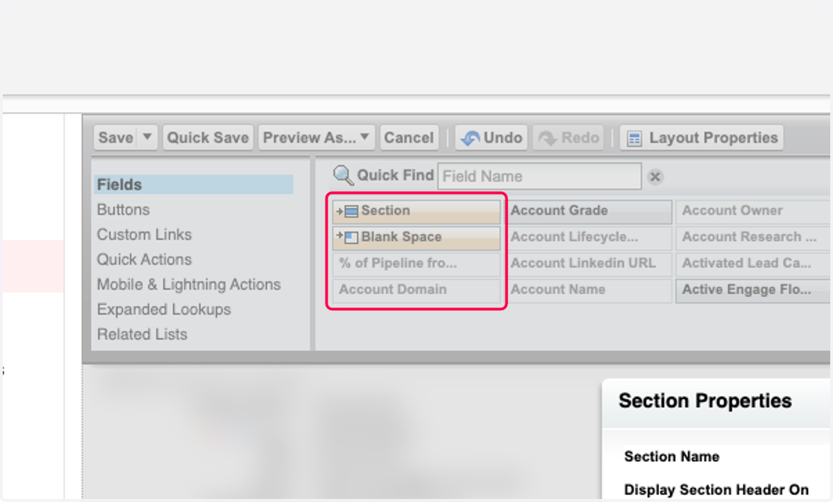 Drag Section to create a new section on the layout. It's recommended to add this section below all other created sections