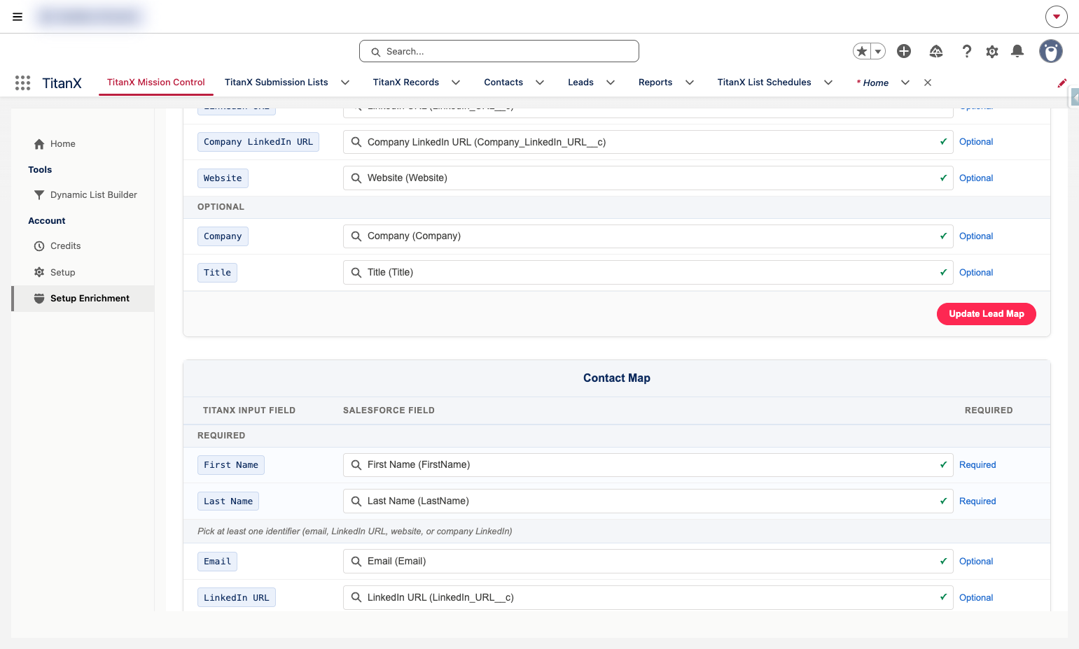 A. Complete the required fields on the contact mapping B. First and Last name are both required C. Map at least one identifier (email, LinkedIn URL, website, or company LinkedIn)