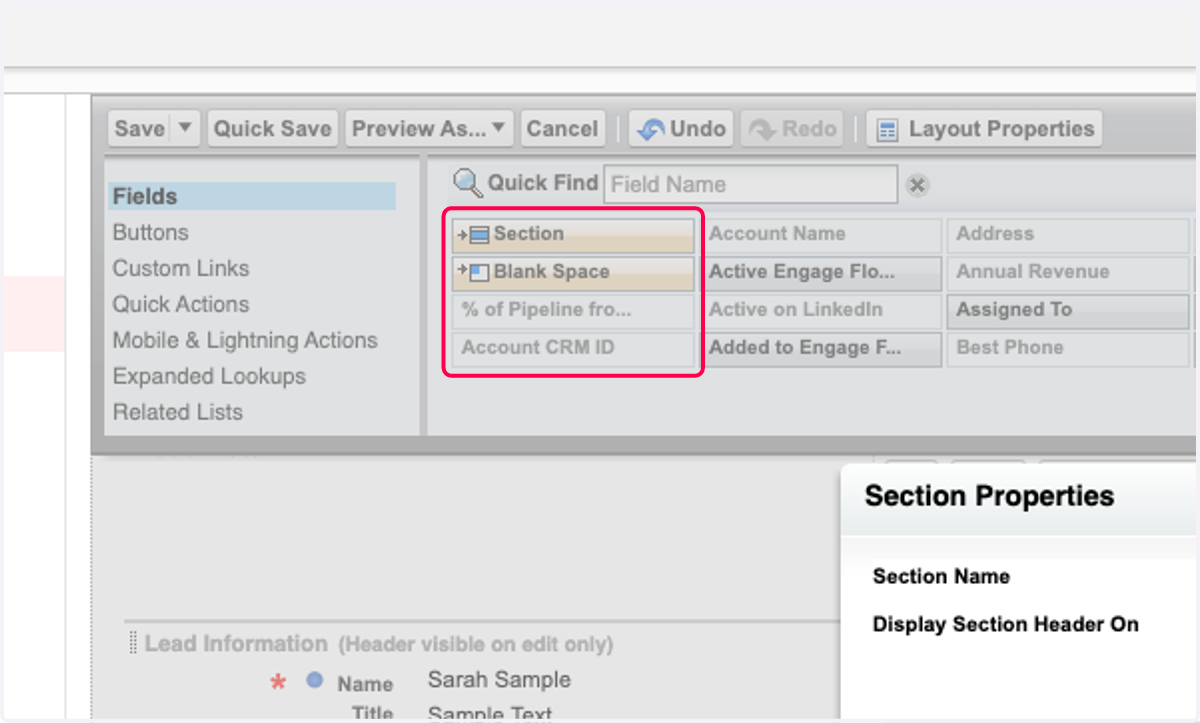 Drag Section to create a new section on the layout. It's recommended to add this section below all other created sections