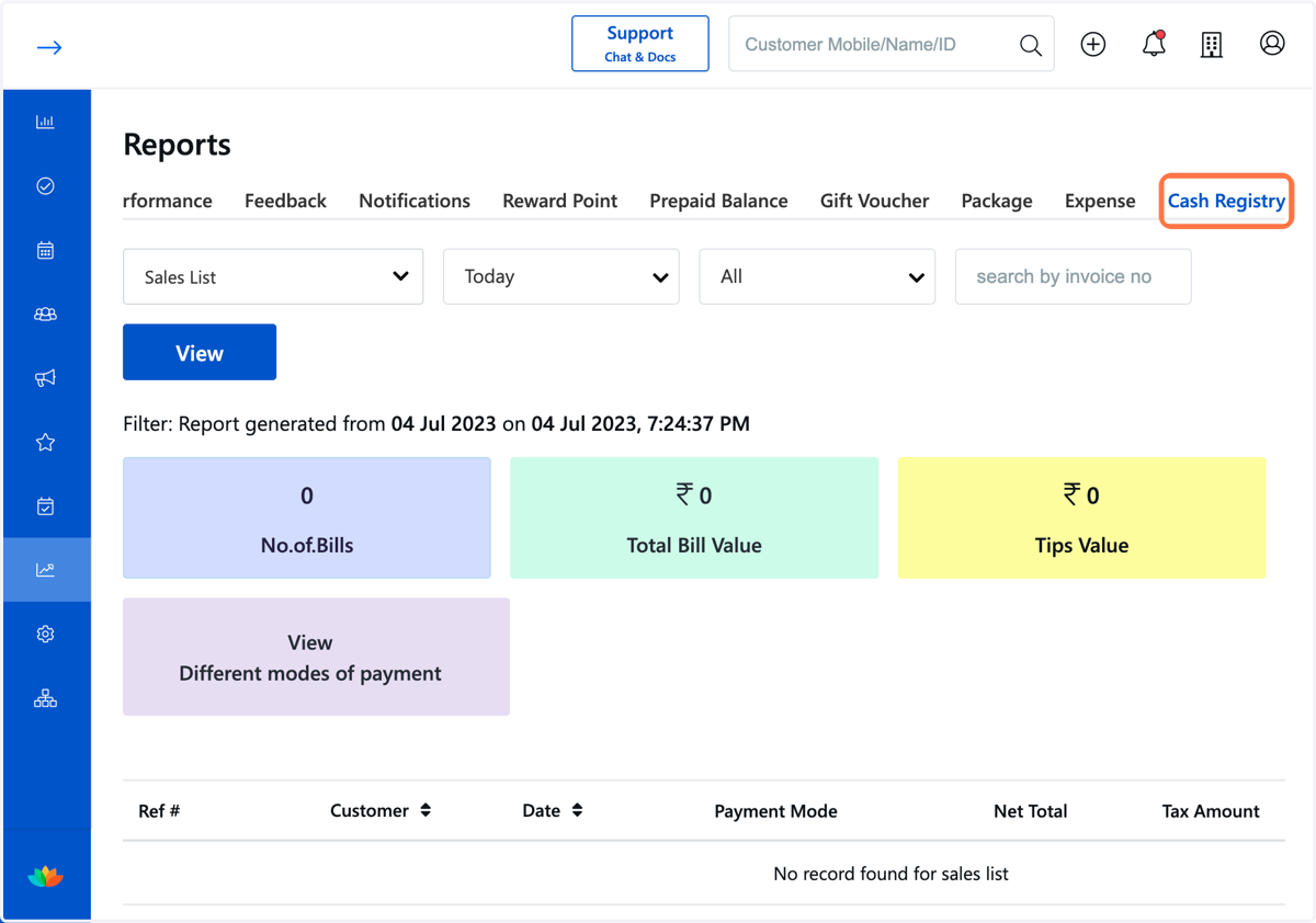 Click on Cash Registry from the Menu Tab