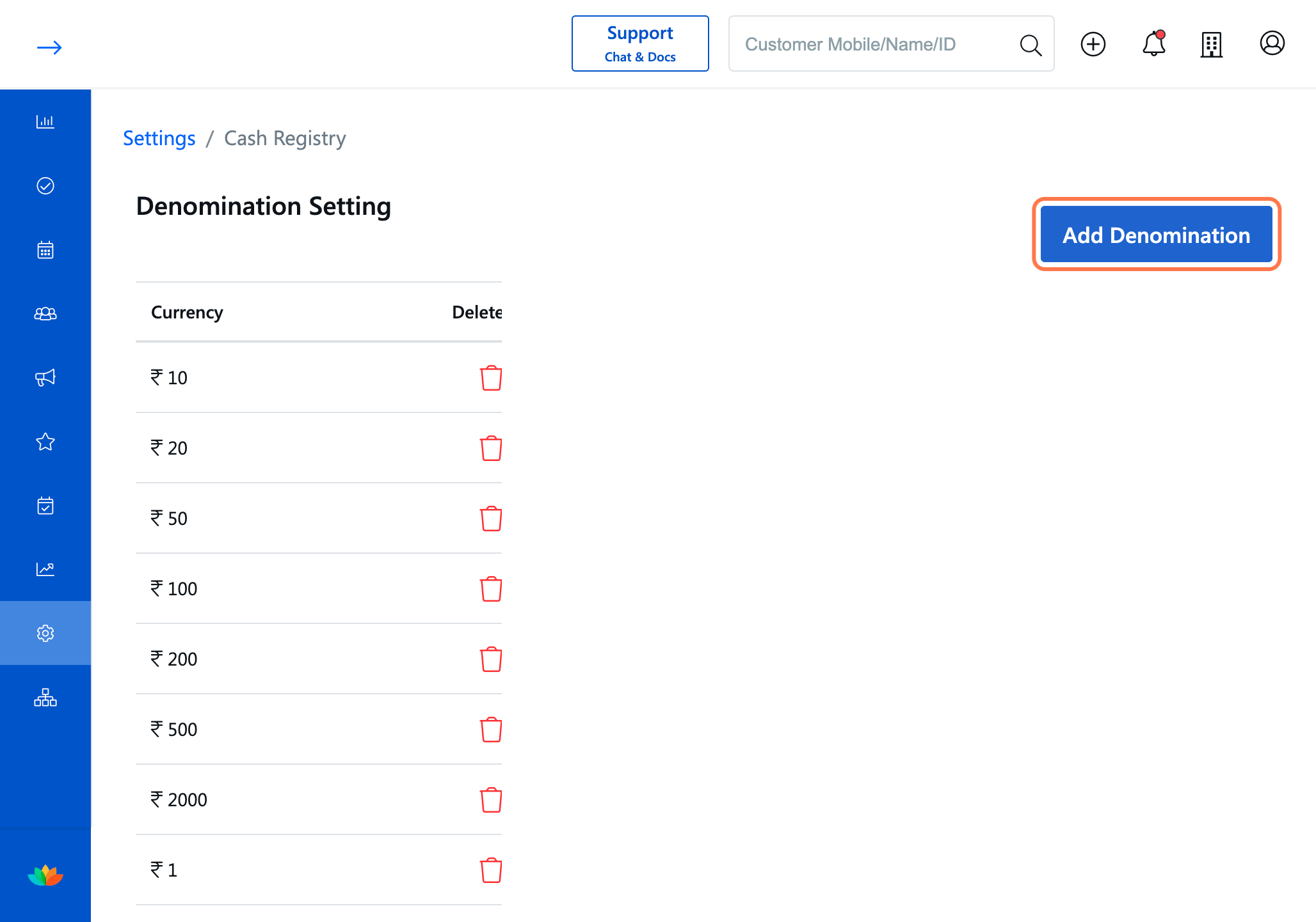 Click on Add Denomination to add the currency value.