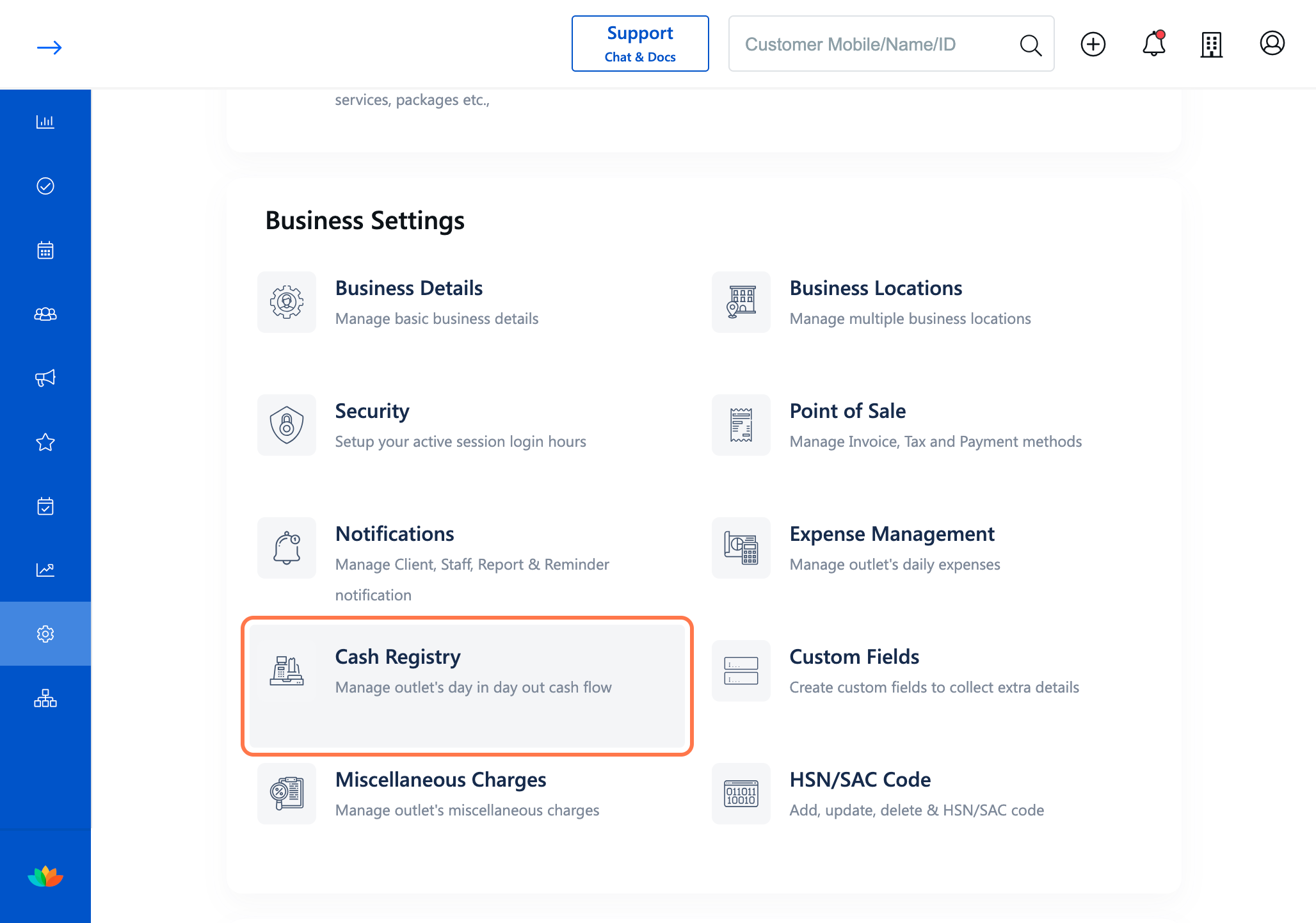 Navigate to Business settings and Click on Cash Registry.