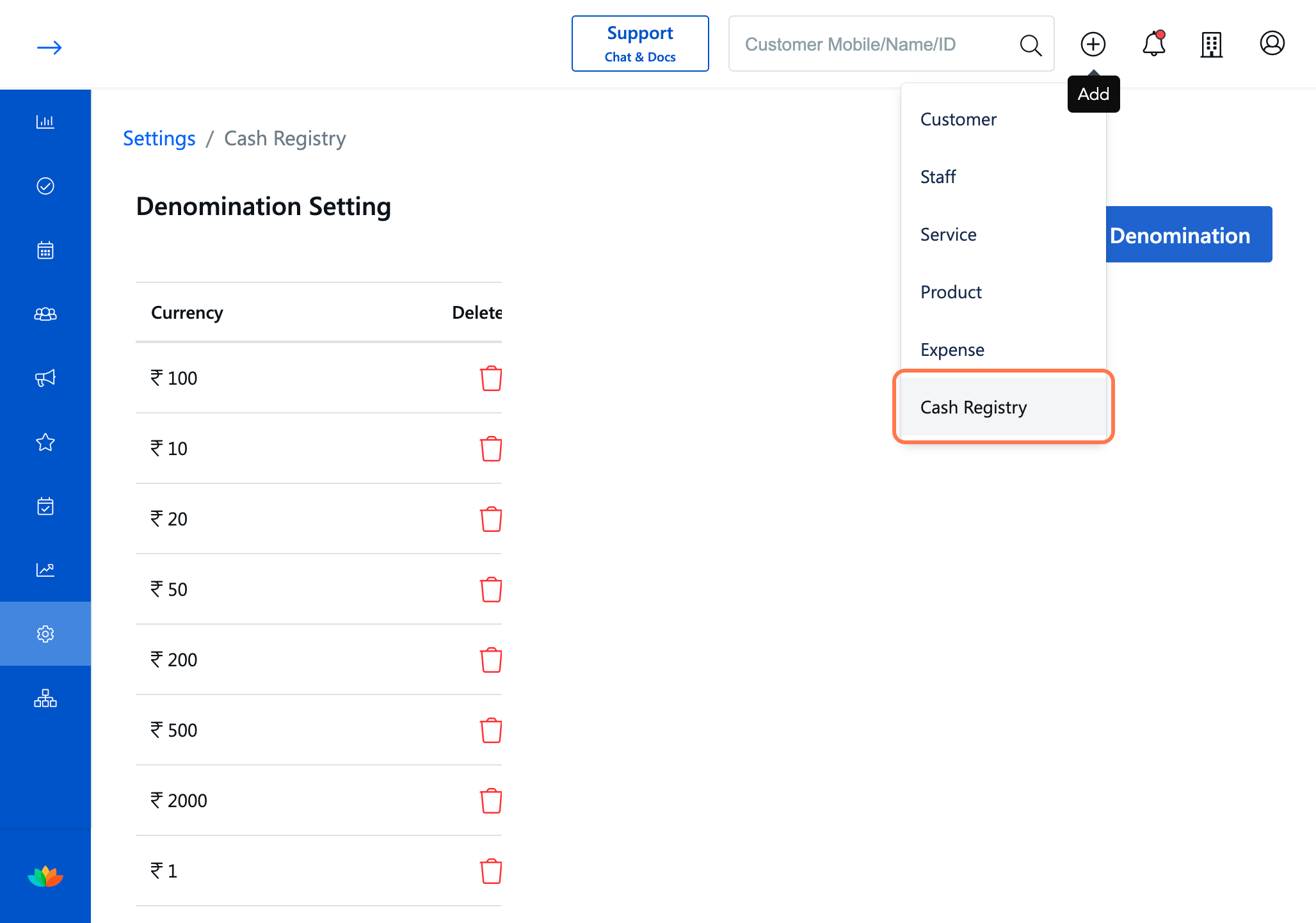 Click on the Add button on the top left side and Click on Cash Registry.