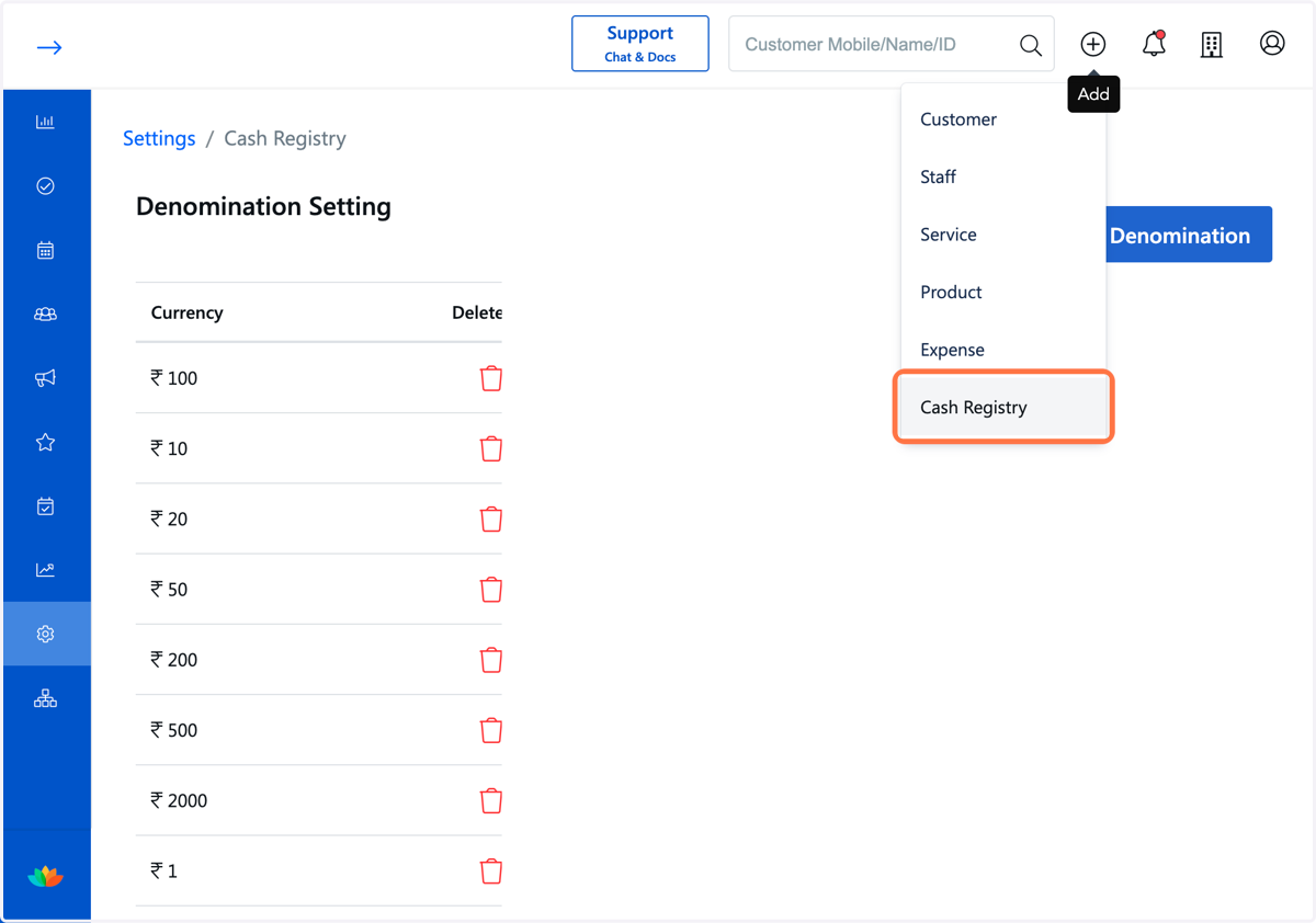 Click on the Add button on the top left side and Click on Cash Registry.