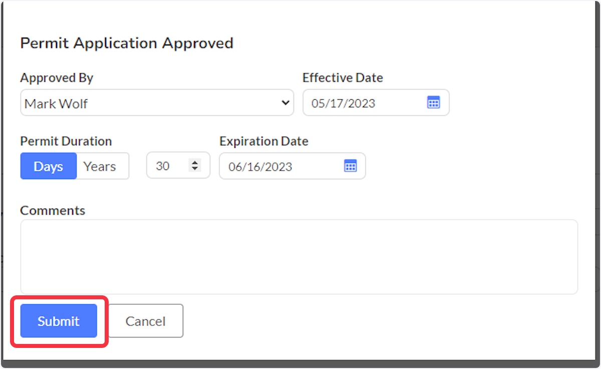 Click on Submit in the Permit Application Approved dialog window.