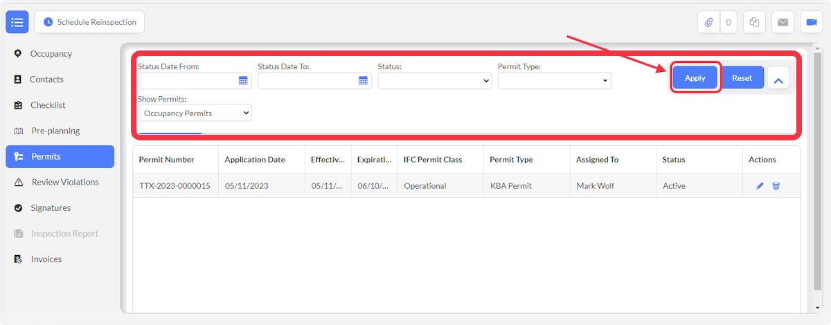 Enter data for advanced search and select Apply.  Selecting Reset, will reset the advance search.