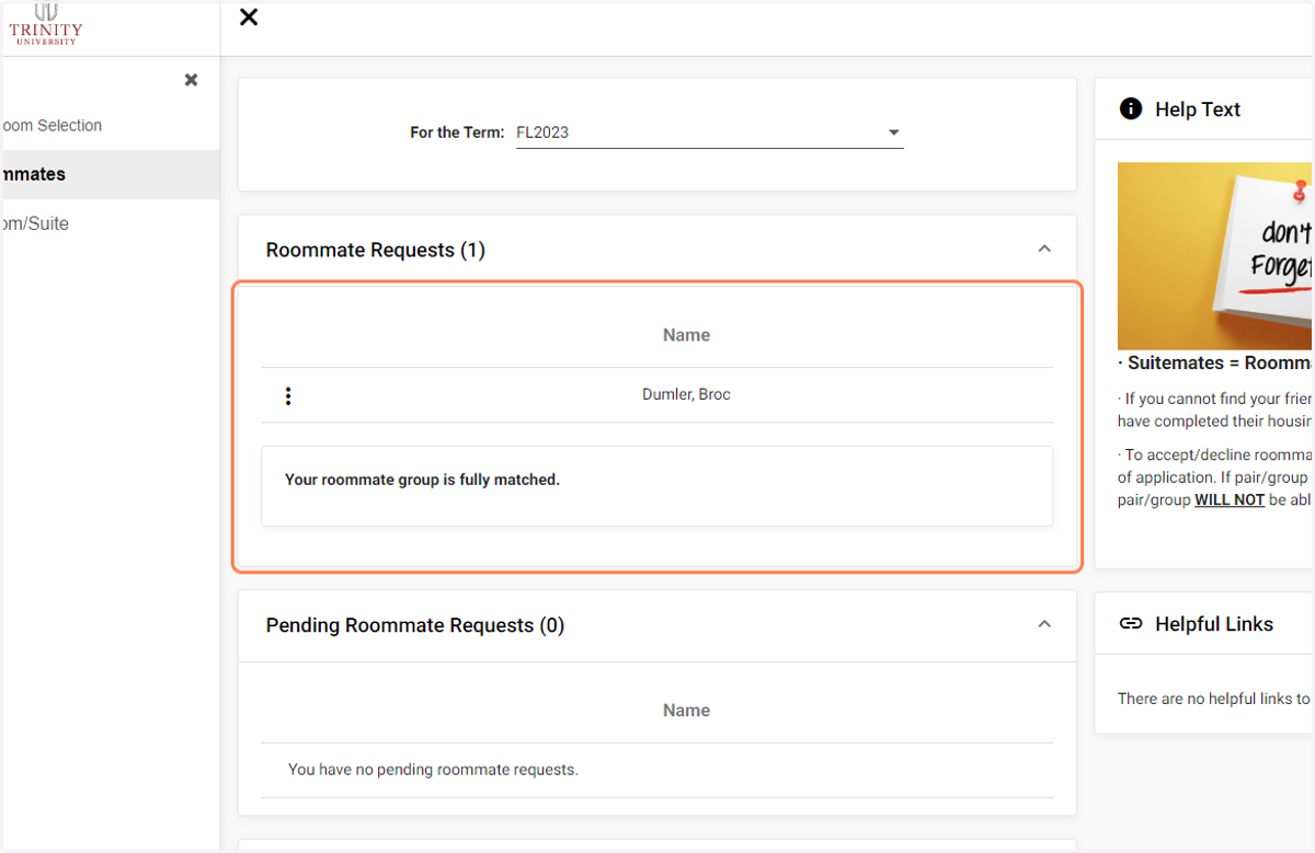 View Completed Roommate Requests