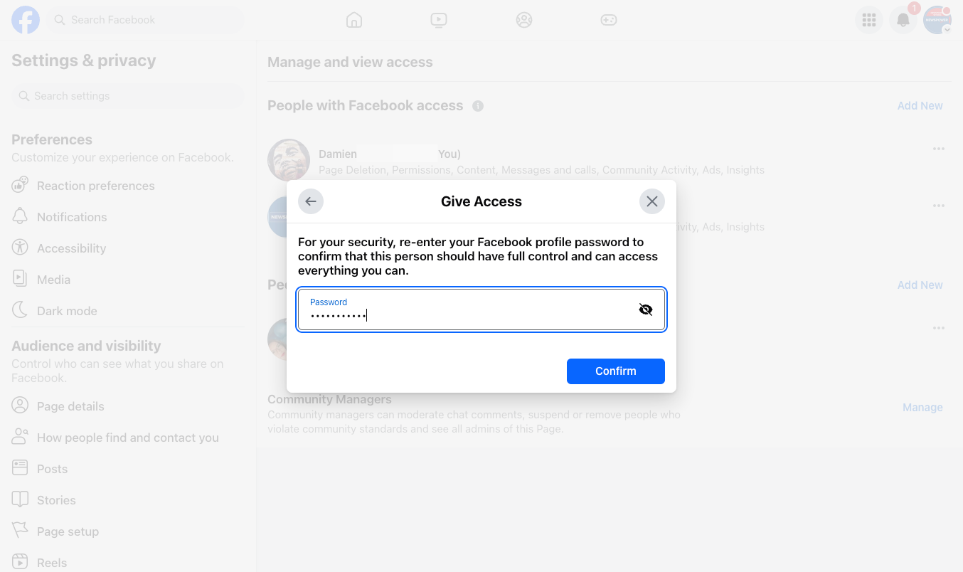 Enter your personal Facebook password