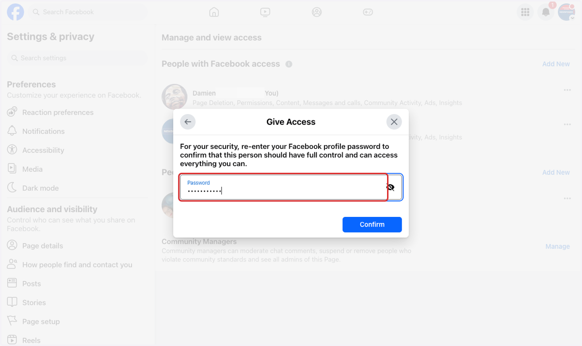 Enter your personal Facebook password