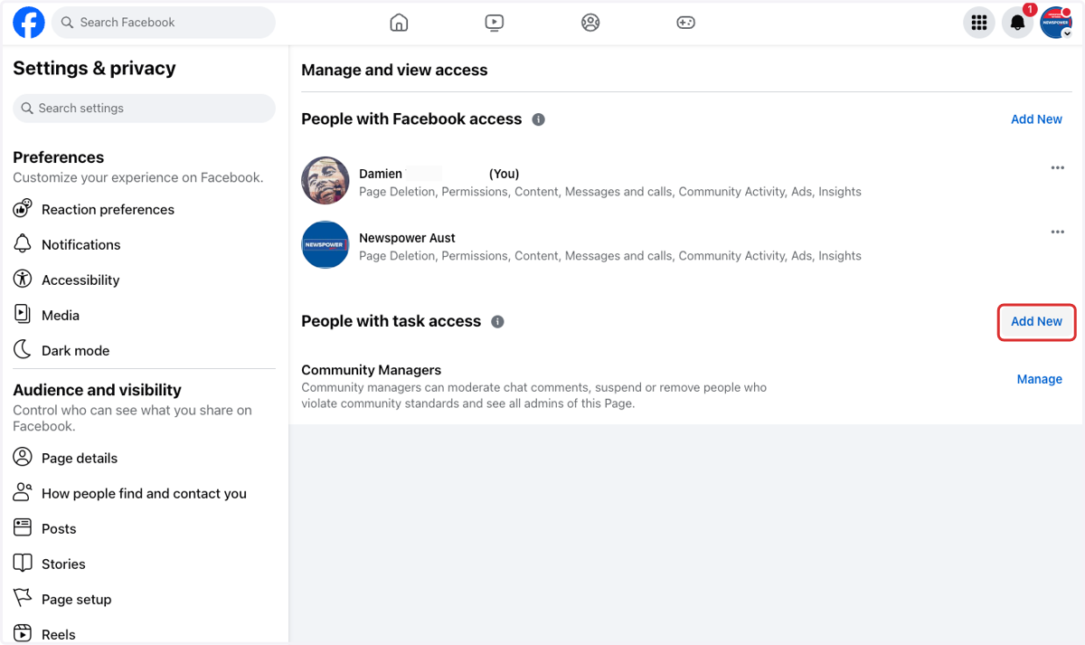 Click on Add New next to people with task access.