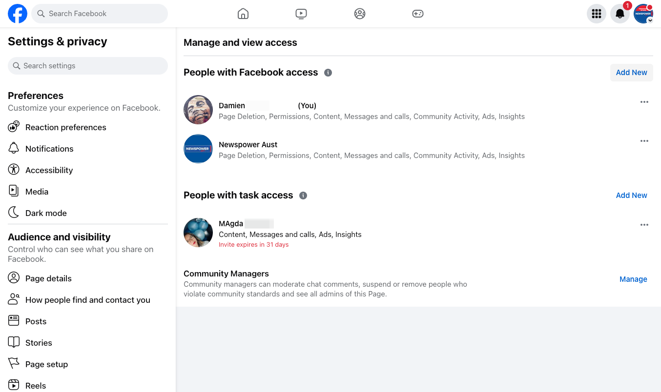 To give someone full control of the page click "Add New" next to People with Facebook access