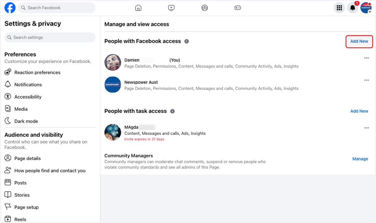 To give someone full control of the page click "Add New" next to People with Facebook access