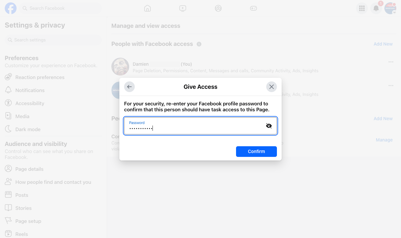 Enter your personal Facebook password