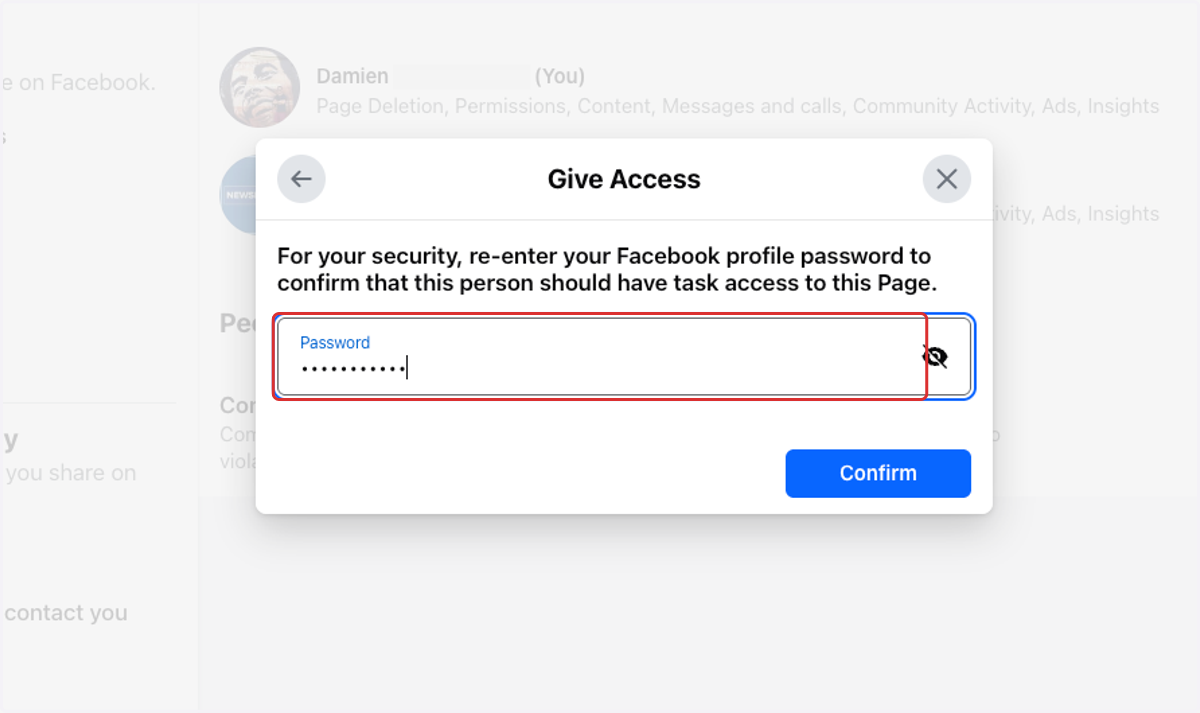 Enter your personal Facebook password