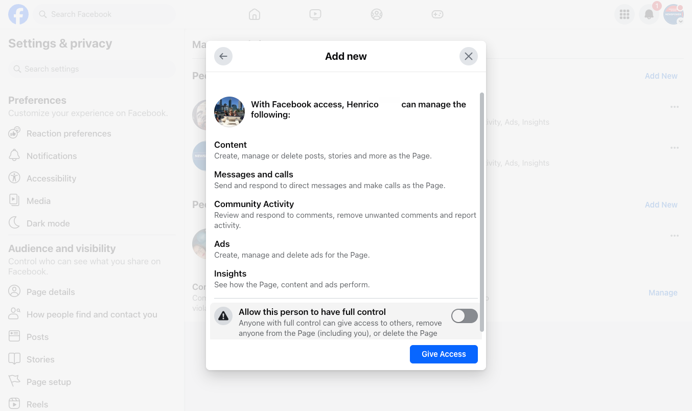 Toggle on Allow this person to have full control