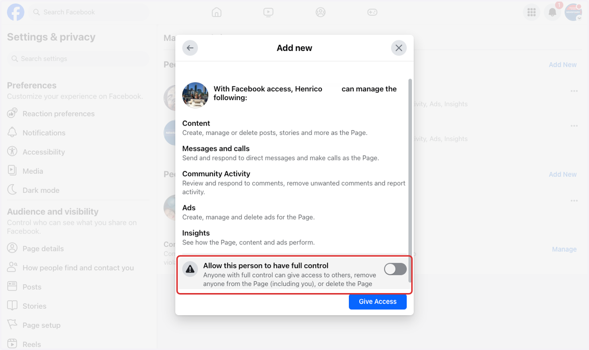 Toggle on Allow this person to have full control