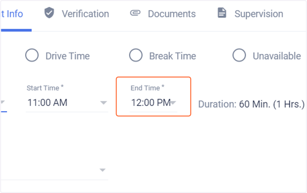 Select your end time (In increments of 15 mins)