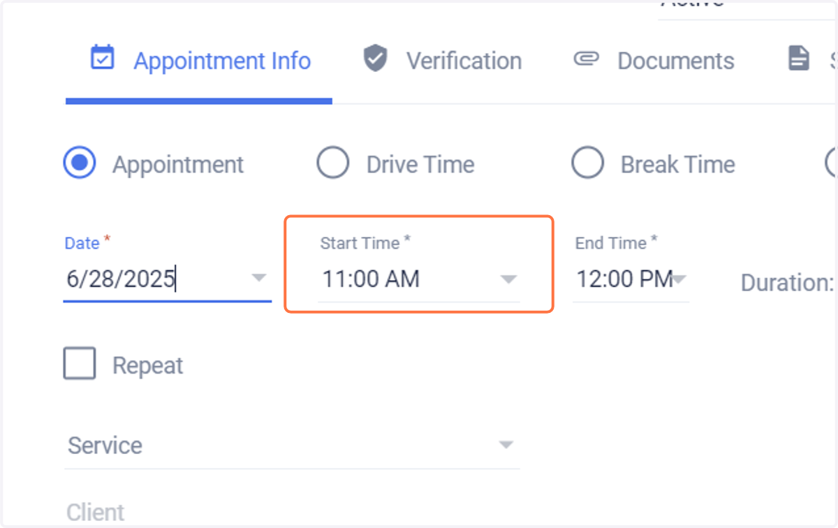 Select your start time (In increments of 15 mins)