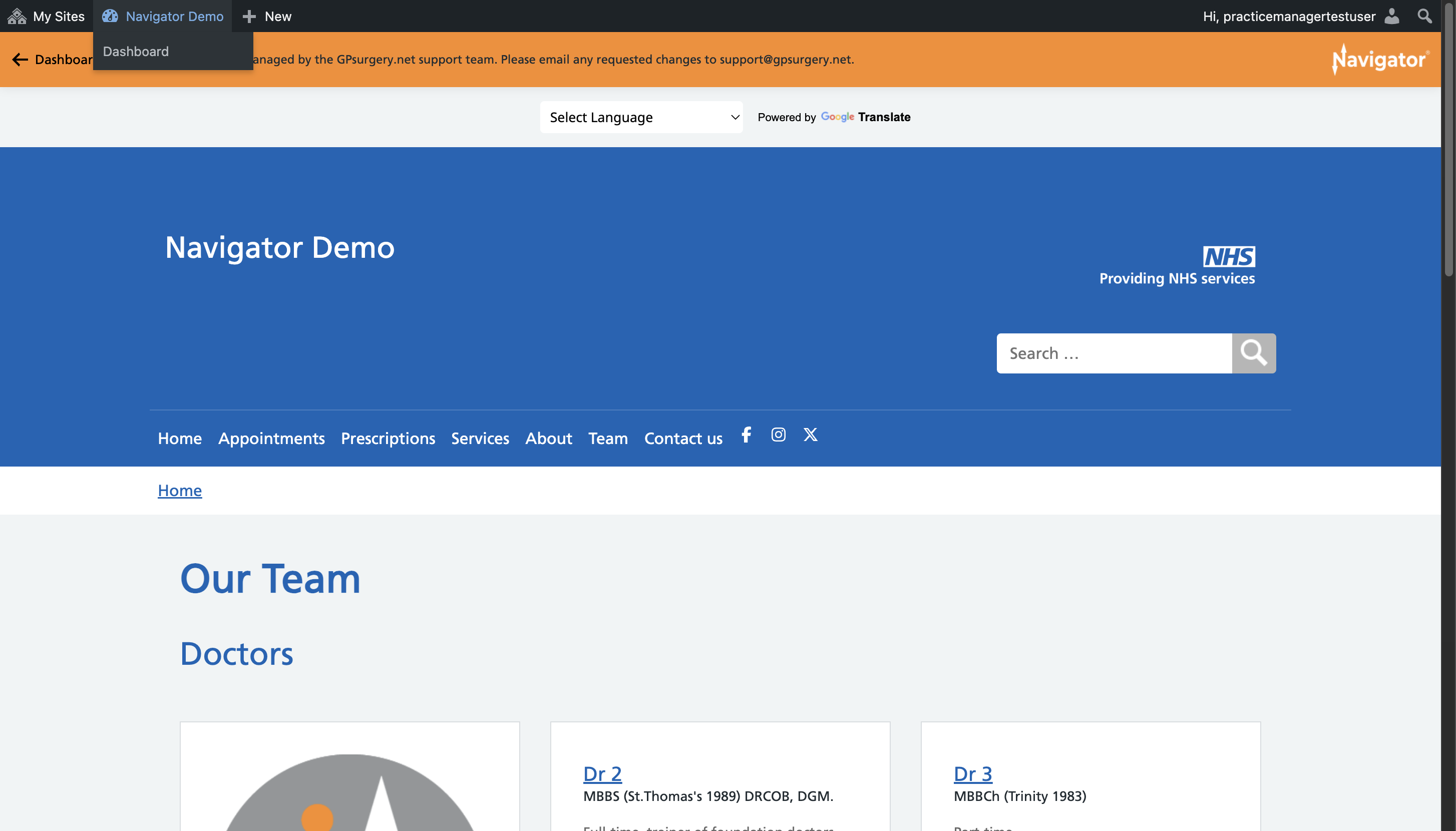 The admin toolbar with the practice name selected.