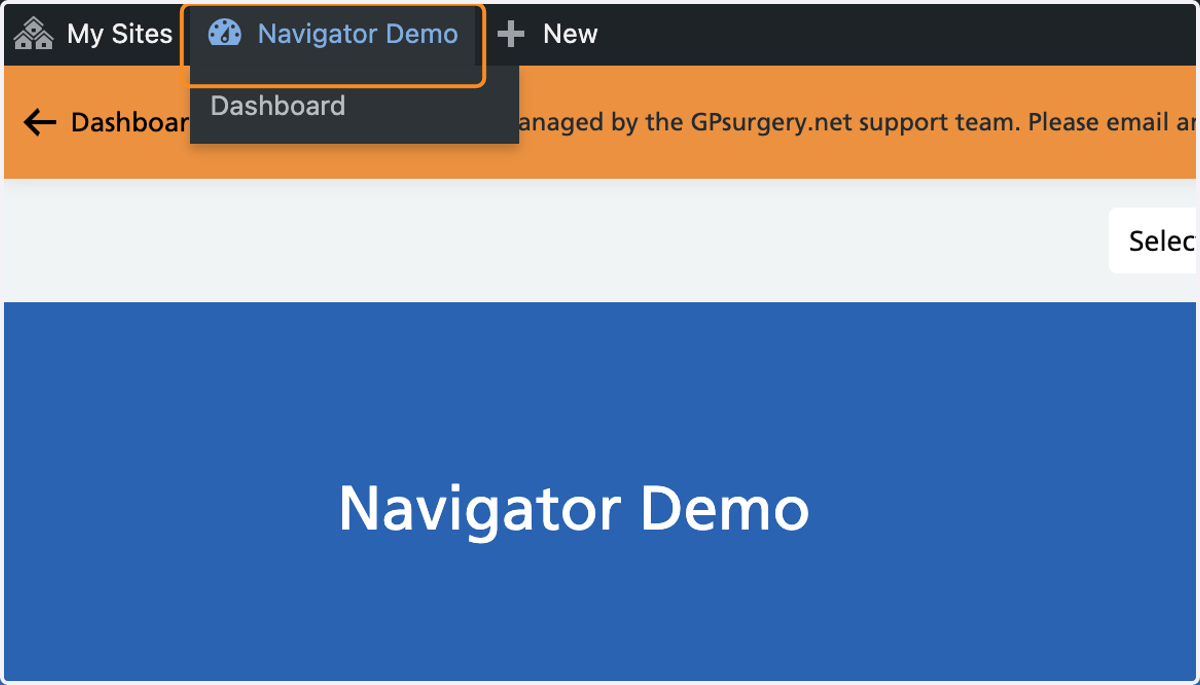 The admin toolbar with the practice name selected.