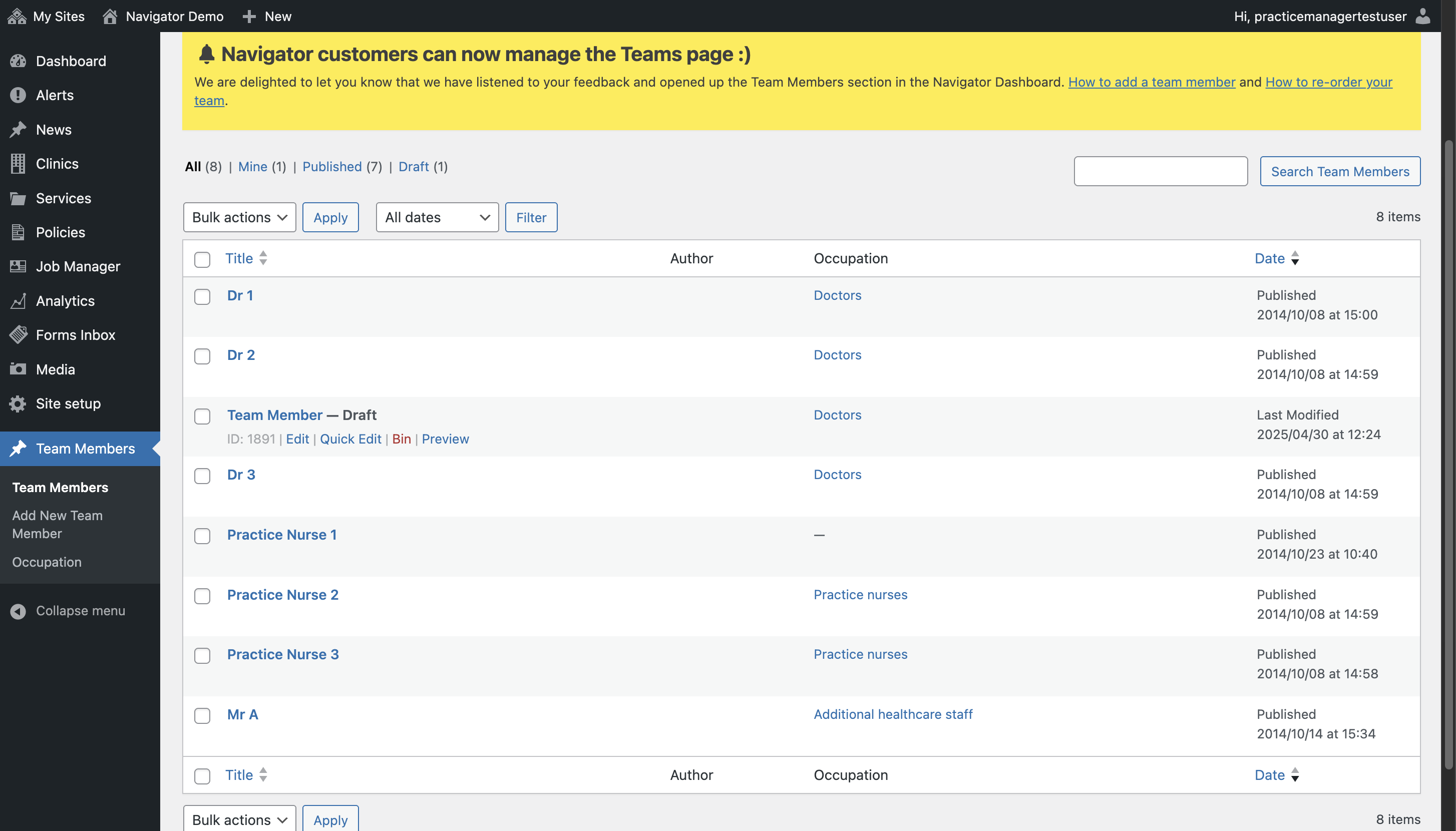The Team Members section of the Dashboard, with the Bin link selected on one team member.