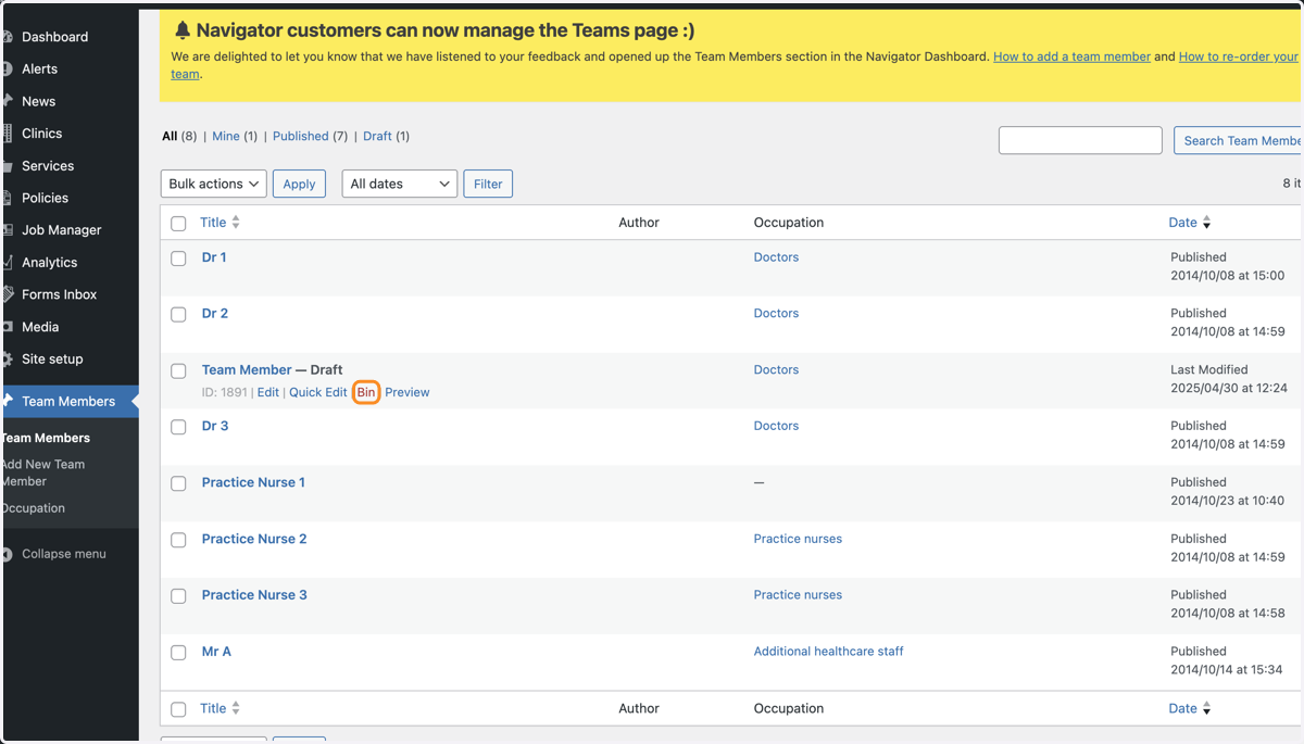 The Team Members section of the Dashboard, with the Bin link selected on one team member.