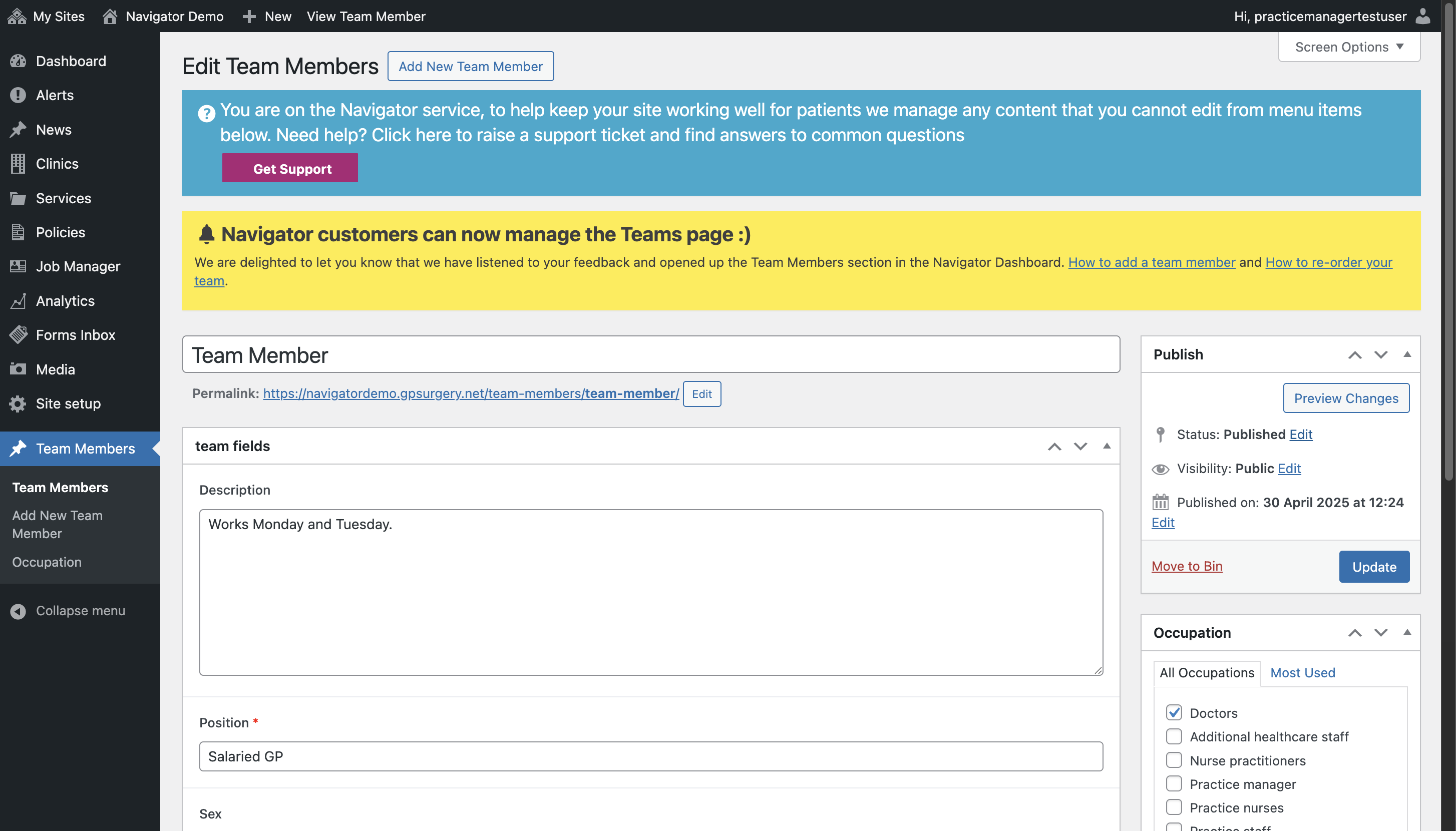 The Publish box on the Edit Team Members screen, with the Edit link next to "Status: Published" selected.