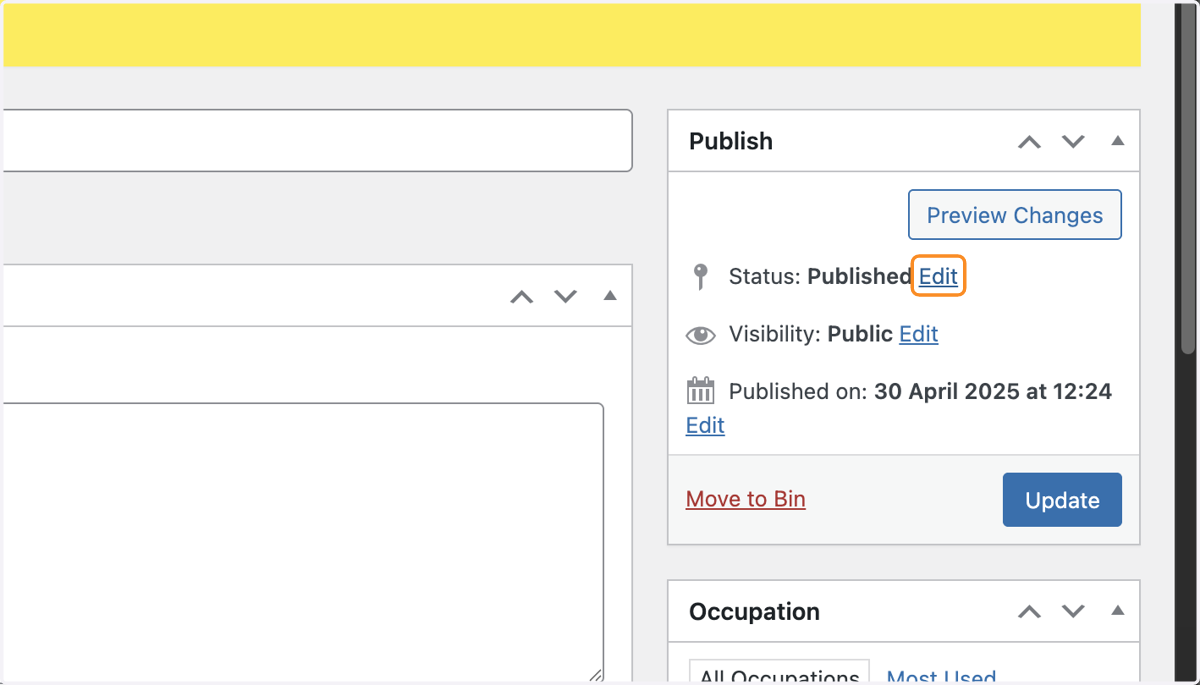 The Publish box on the Edit Team Members screen, with the Edit link next to "Status: Published" selected.