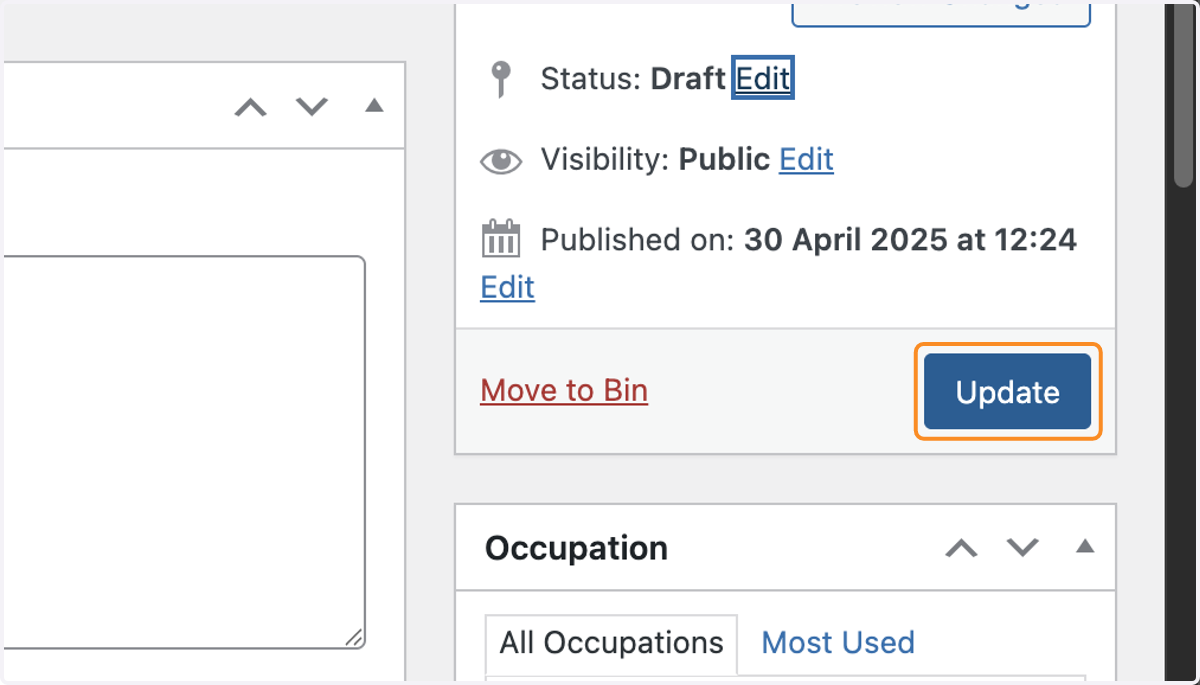 The Update button in the Publish box.