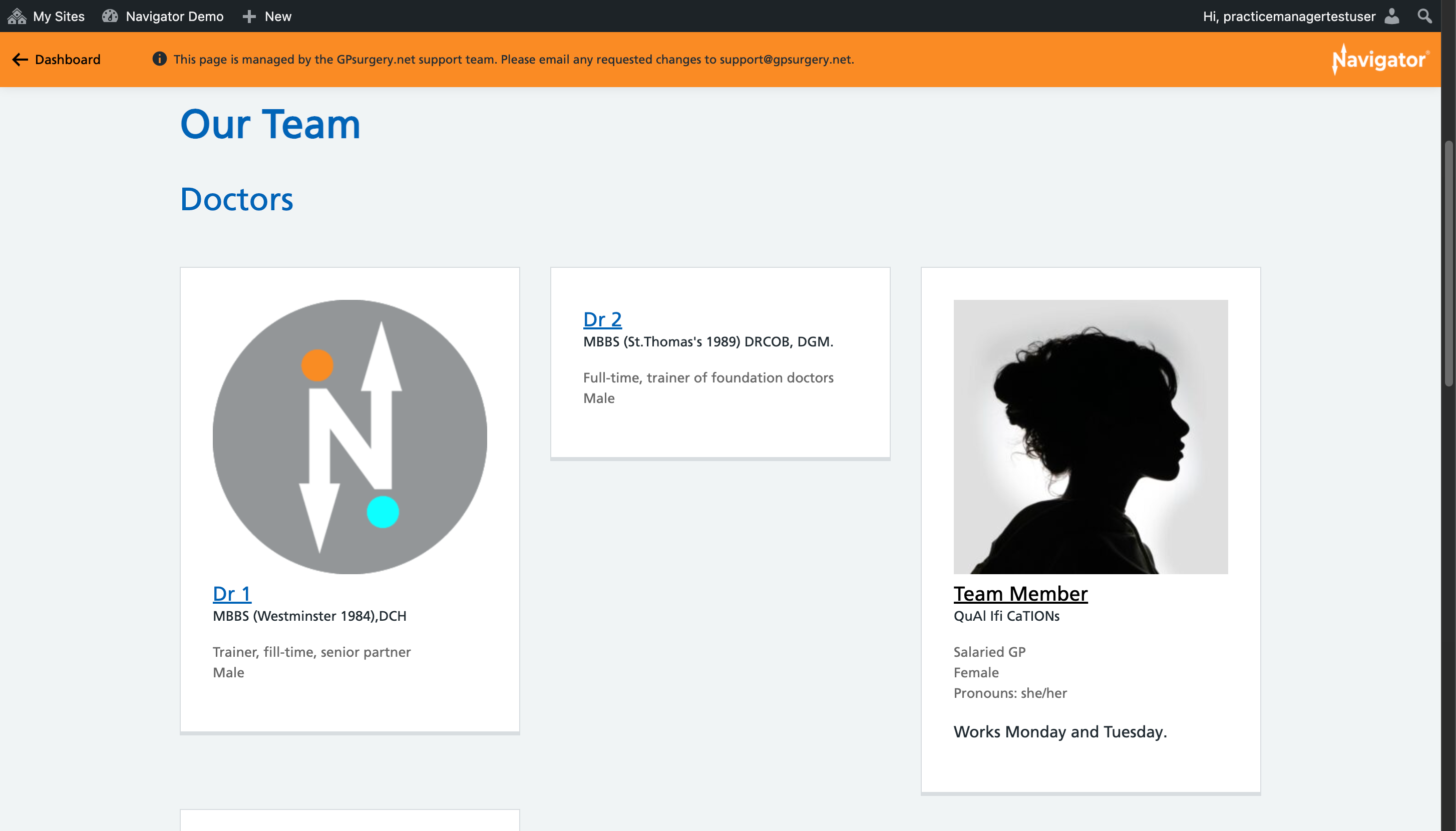 The Team page of a Navigator website, with a Team Member selected.