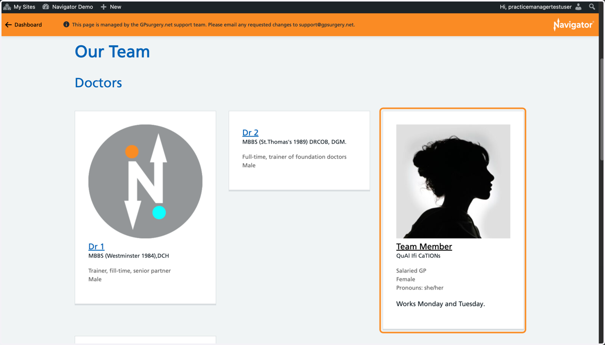 The Team page of a Navigator website, with a Team Member selected.
