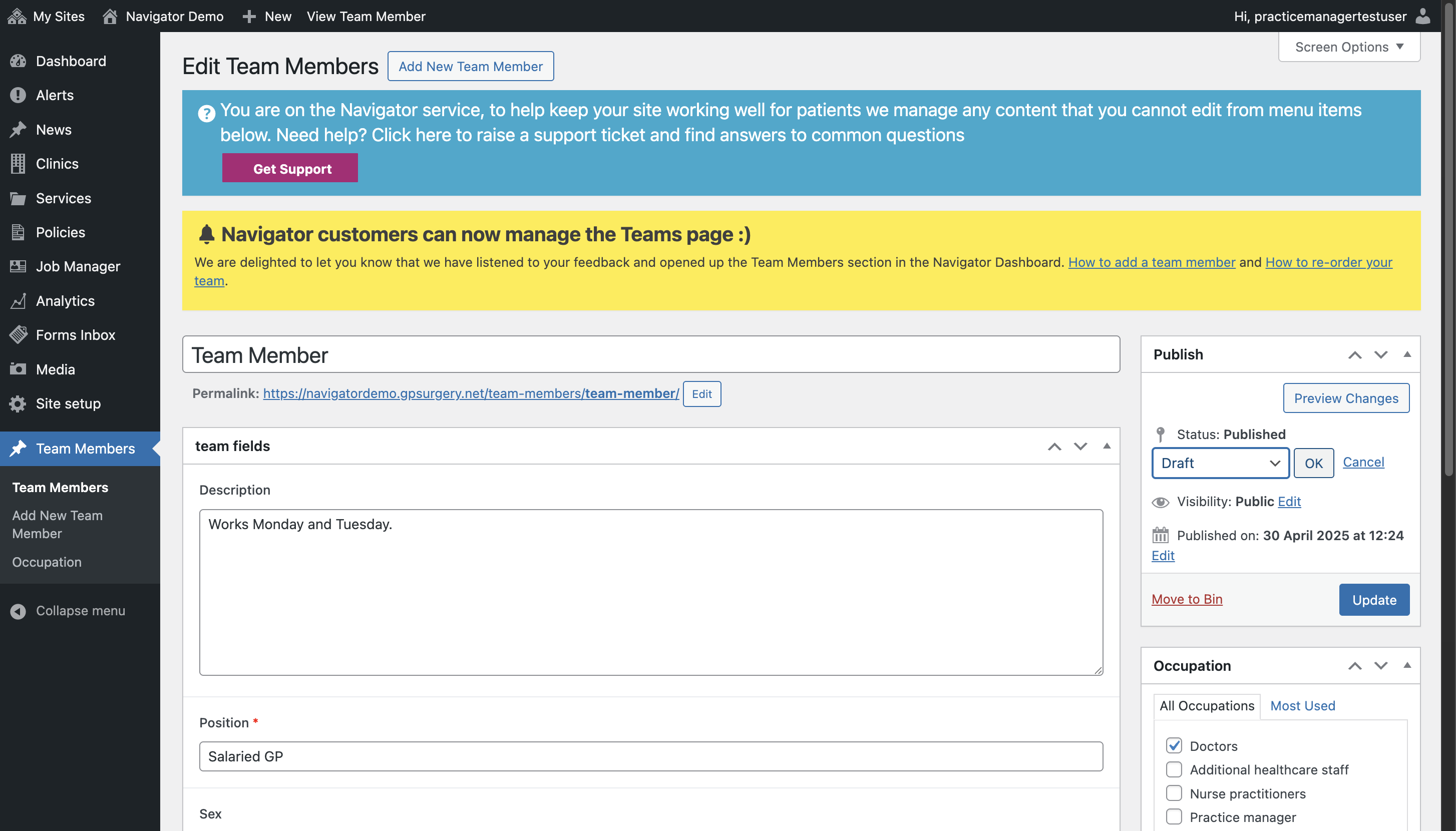 The Published drop-down with Draft selected.