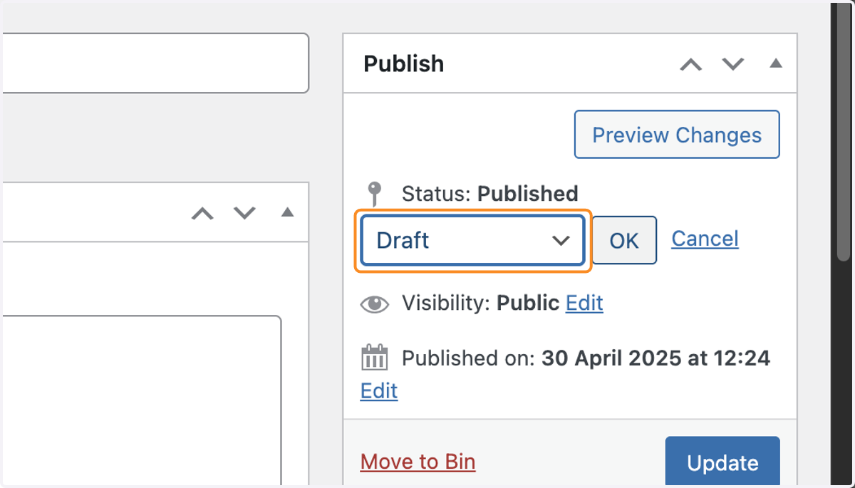 The Published drop-down with Draft selected.