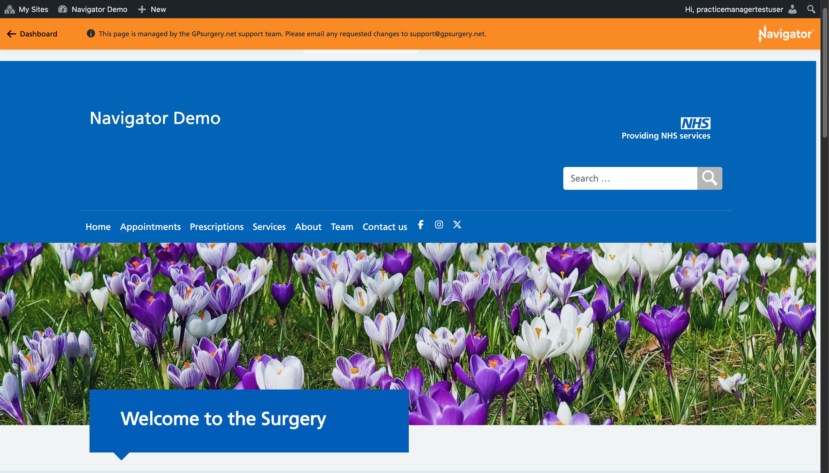 The homepage of a GPsurgery.net Navigator website with the Navigator toolbar and admin toolbar visible at the top of the page.