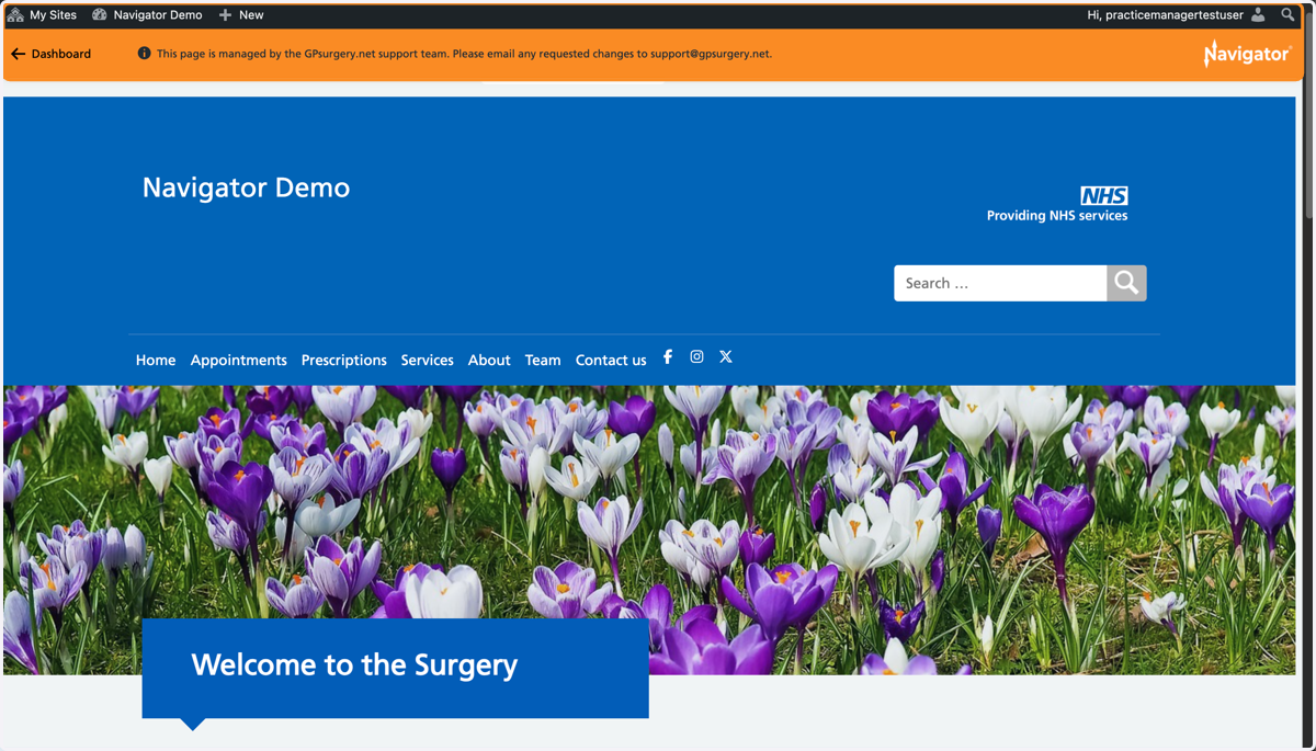 The homepage of a GPsurgery.net Navigator website with the Navigator toolbar and admin toolbar visible at the top of the page.